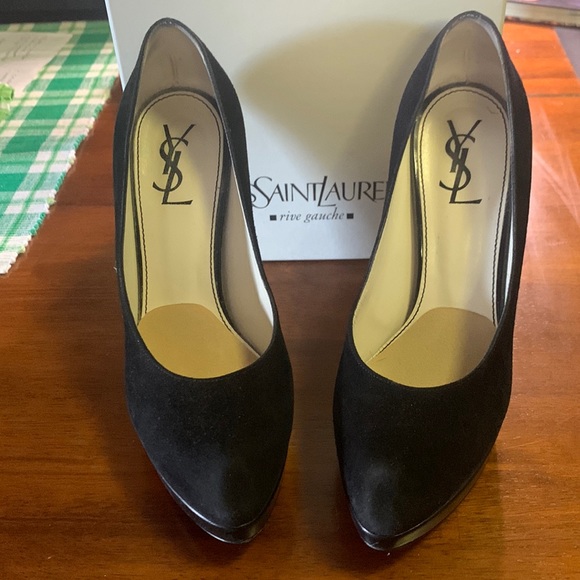 Gorgeous Yves Saint Laurent 5” black suede wedge pump
